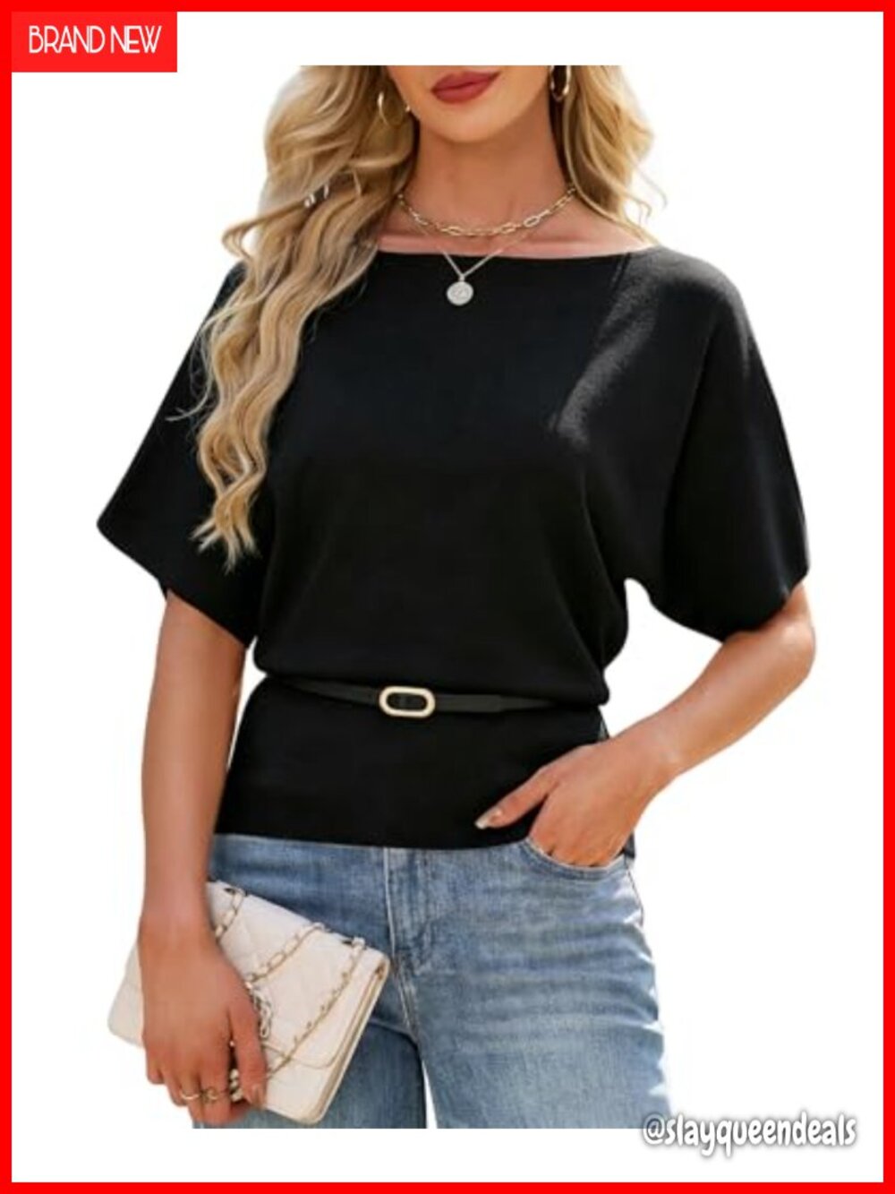 Women's Boat Neck Sweater with Belt Cinched Waist Batwing Sleeve Knit Pullover